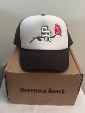 Stevenson Ranch Trucker Hat with Rose Embroidery - Black & White